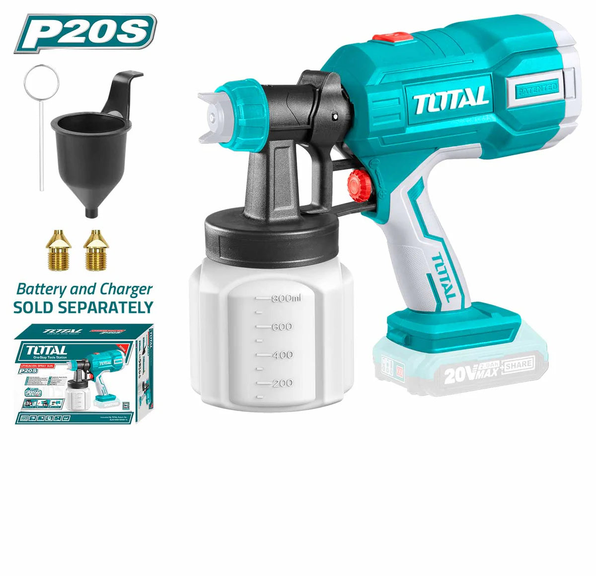 TOTAL TSGLI2003 20V Cordless Spray Gun with 800ml/min Flow Rate and Copper Nozzles